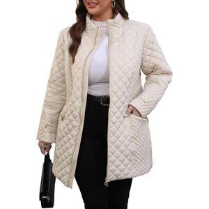 Women's Lightweight Beige Long Quilted Jackets Coat Design Warm Stand Collar